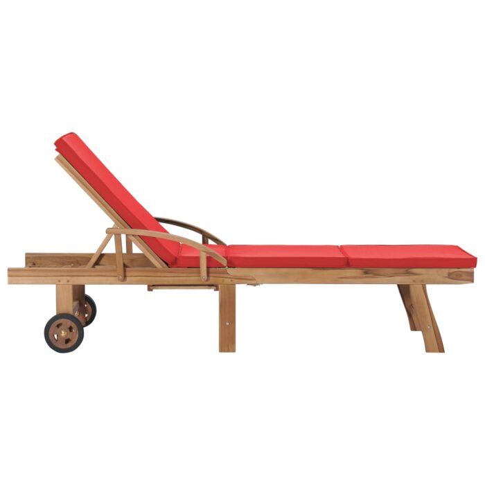 Chaises longues avec coussins 2 pcs Bois de teck solide Rouge – Image 3