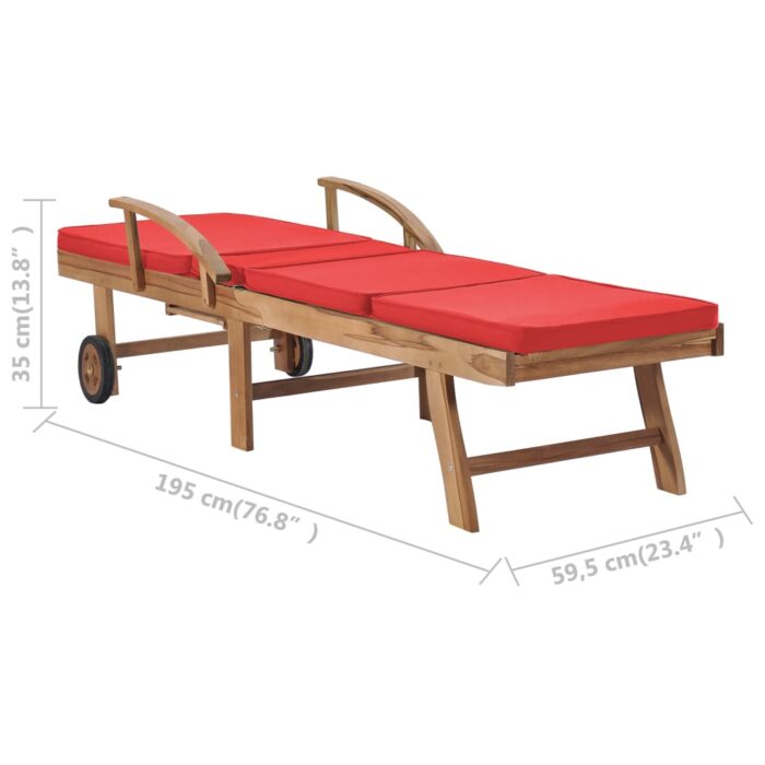 Chaises longues avec coussins 2 pcs Bois de teck solide Rouge – Image 9