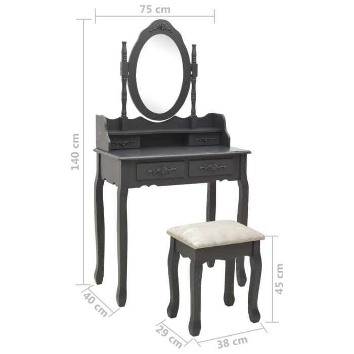 Ensemble de coiffeuse avec tabouret Gris 75x69x140 cm Paulownia – Image 10