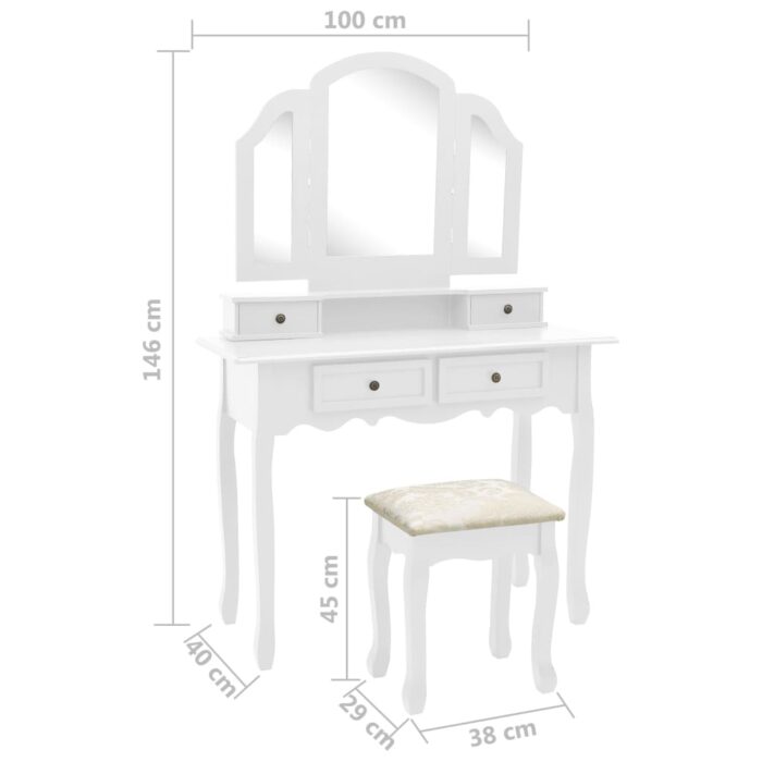 Ensemble de coiffeuse et tabouret Blanc 100x40x146 cm Paulownia – Image 11