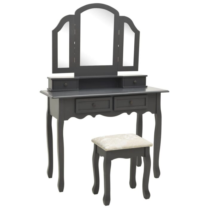 Ensemble de coiffeuse avec tabouret Gris 100x40x146cm Paulownia – Image 1