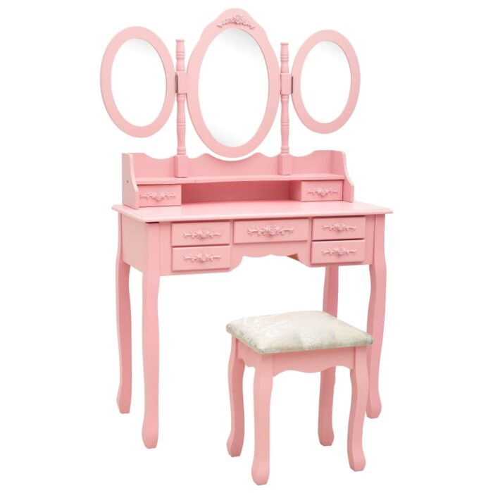Coiffeuse avec tabouret et miroir pliable en 3 Rose – Image 1
