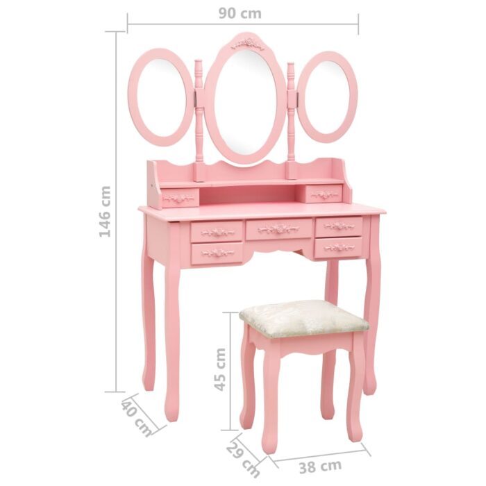 Coiffeuse avec tabouret et miroir pliable en 3 Rose – Image 11