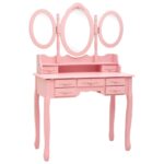 Coiffeuse avec tabouret et miroir pliable en 3 Rose – Image 2
