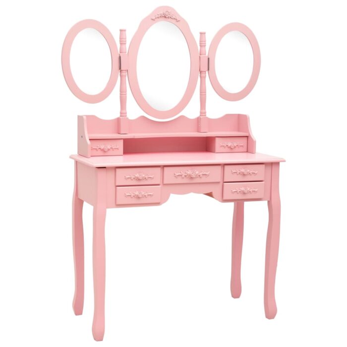 Coiffeuse avec tabouret et miroir pliable en 3 Rose – Image 2