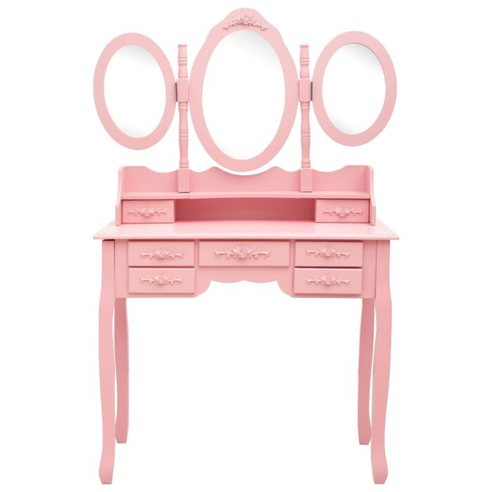 Coiffeuse avec tabouret et miroir pliable en 3 Rose – Image 3