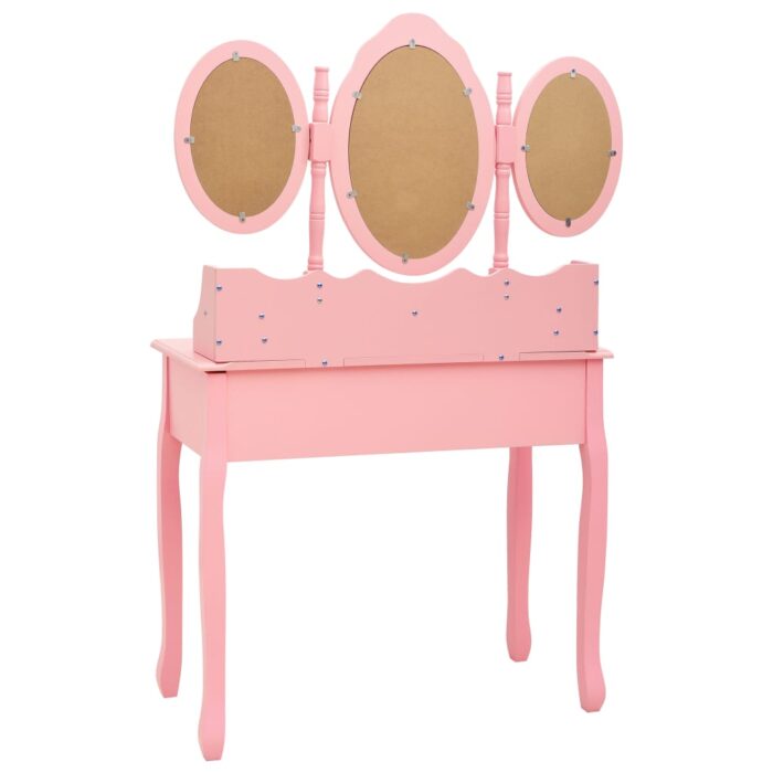 Coiffeuse avec tabouret et miroir pliable en 3 Rose – Image 6