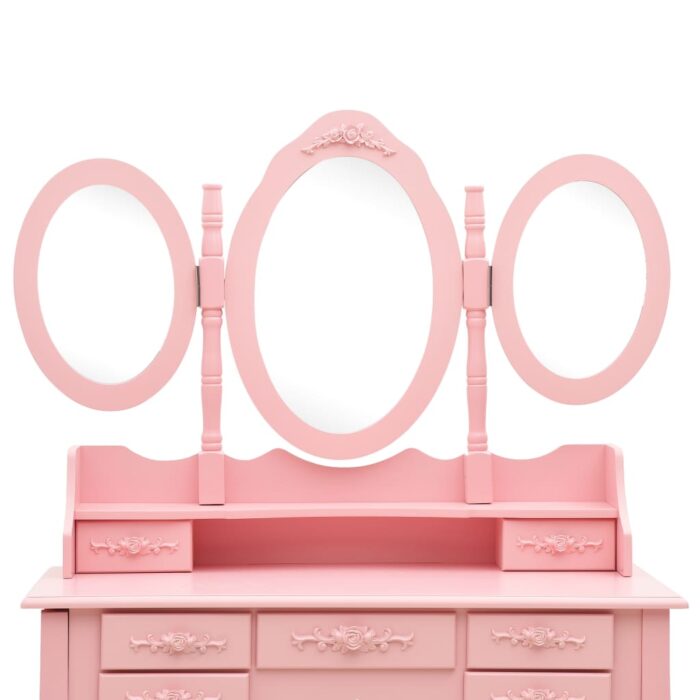 Coiffeuse avec tabouret et miroir pliable en 3 Rose – Image 7