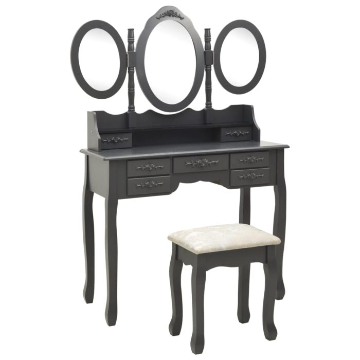 Coiffeuse avec tabouret et miroir pliable en 3 Gris – Image 1