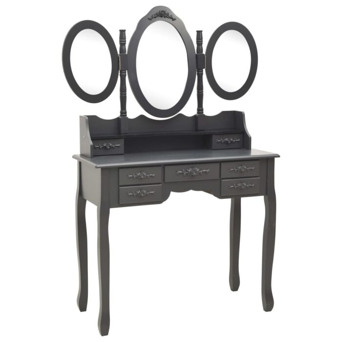 Coiffeuse avec tabouret et miroir pliable en 3 Gris – Image 2