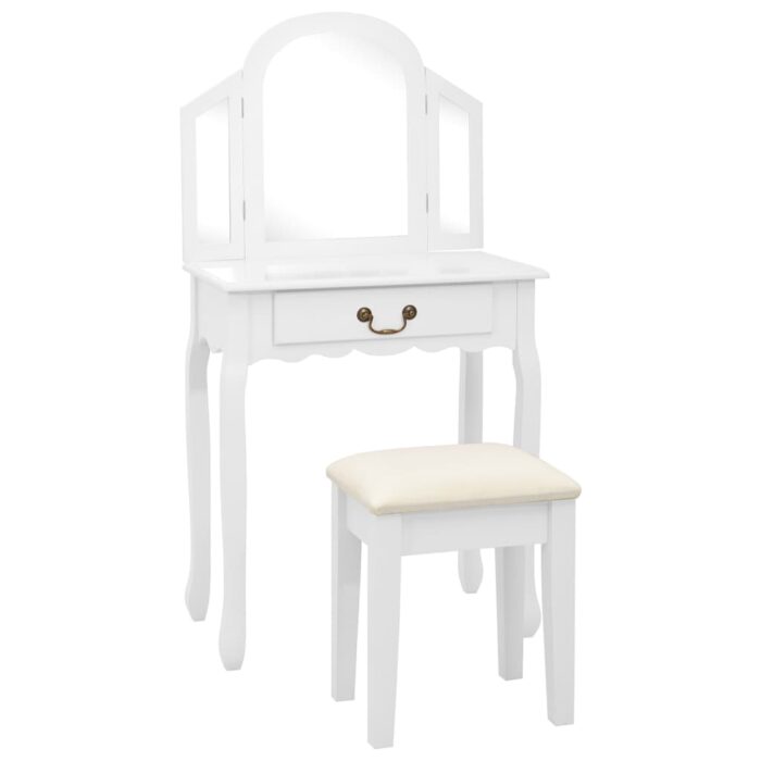 Coiffeuse et tabouret Blanc 65x36x128 cm Bois de paulownia MDF – Image 1