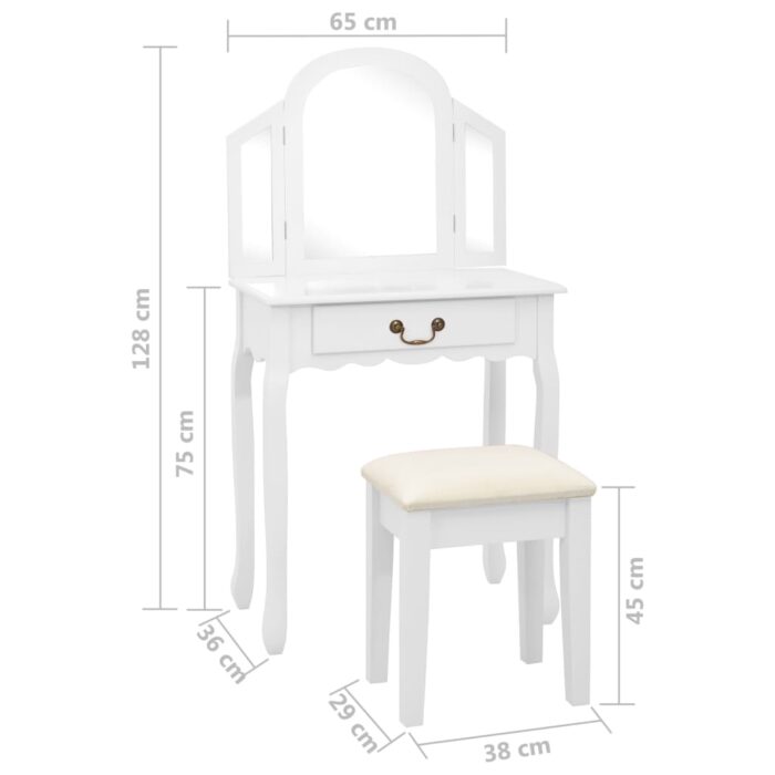 Coiffeuse et tabouret Blanc 65x36x128 cm Bois de paulownia MDF – Image 10