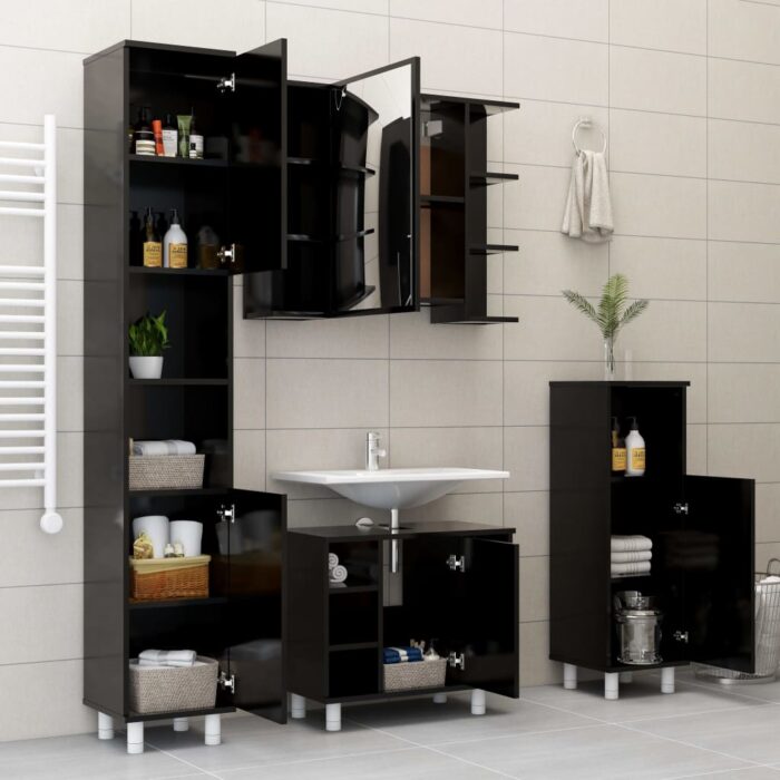 Armoire à miroir de salle de bain Noir Bois d’ingénierie – Image 4
