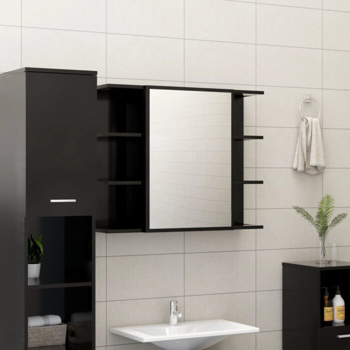 Armoire à miroir de salle de bain Noir Bois d’ingénierie – Image 1