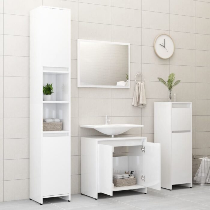 Armoire de salle de bain Blanc brillant Bois d'ingénierie – Image 4