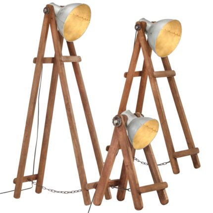 Lampadaires 3 pcs Argenté E27 Bois de manguier massif