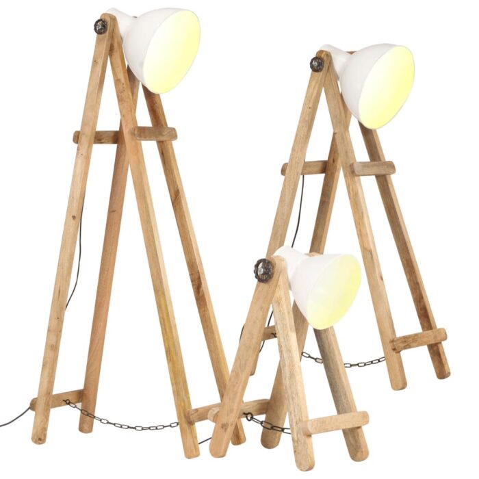 Lampadaires 3 pcs Blanc E27 Bois de manguier massif – Image 1