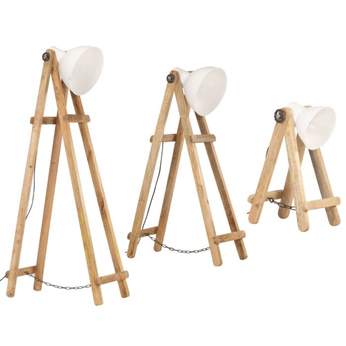 Lampadaires 3 pcs Blanc E27 Bois de manguier massif – Image 2