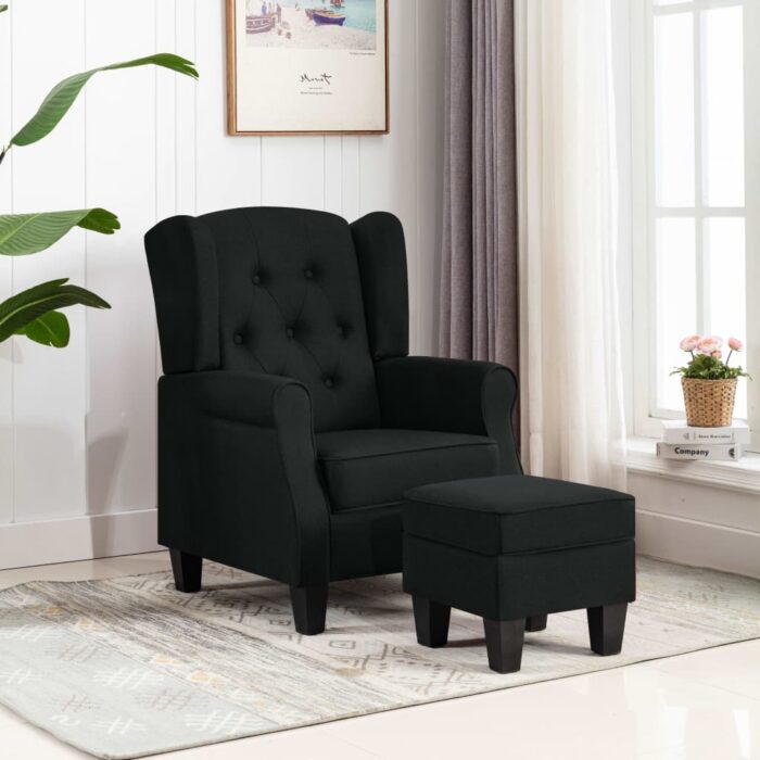Fauteuil avec repose-pied Noir Tissu – Image 1