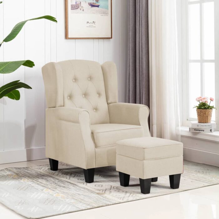 Fauteuil avec repose-pied Crème Tissu – Image 1