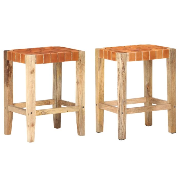 Tabourets de bar lot de 2 marron cuir véritable 60 cm – Image 1