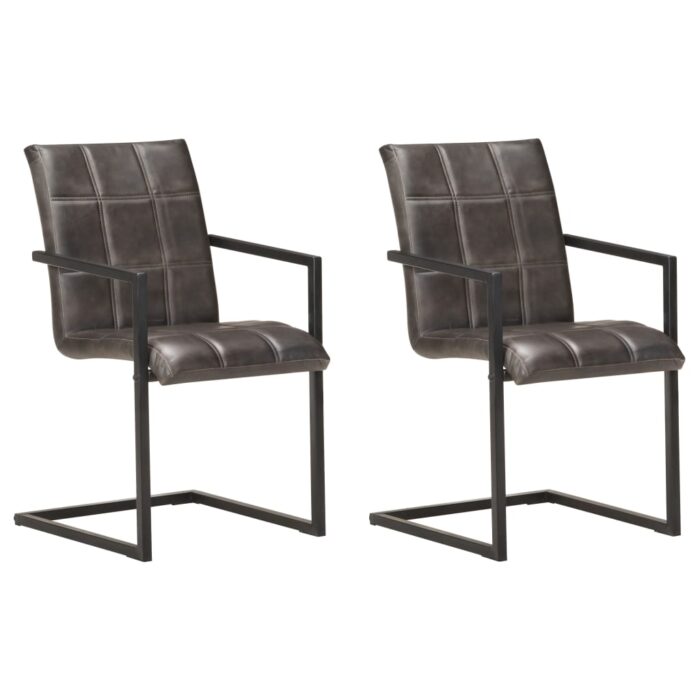 Chaises à manger cantilever lot de 2 gris cuir véritable – Image 1