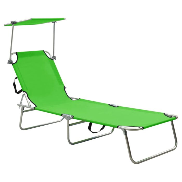 Chaise longue pliable avec auvent acier vert pomme – Image 1