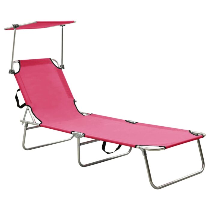 Chaise longue pliable avec auvent acier rose magento – Image 1