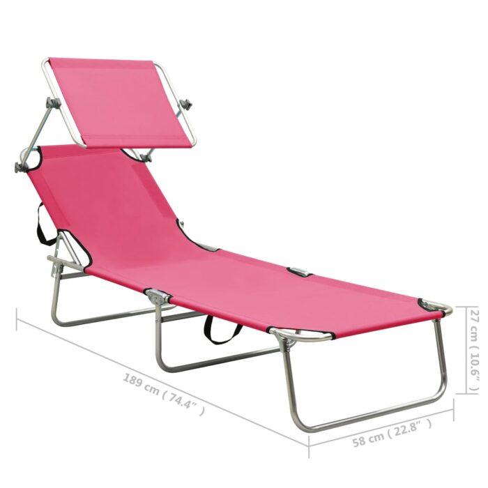 Chaise longue pliable avec auvent acier rose magento – Image 8