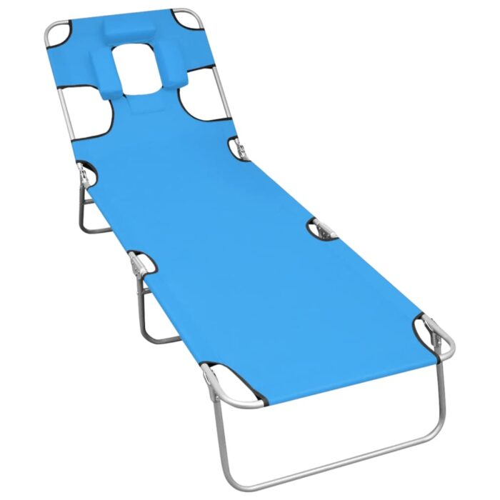 Chaise longue pliable avec coussin de tête Acier Bleu turquoise – Image 1
