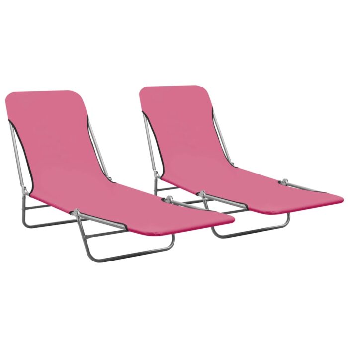 Chaises longues pliables lot de 2 Acier et tissu Rose – Image 1