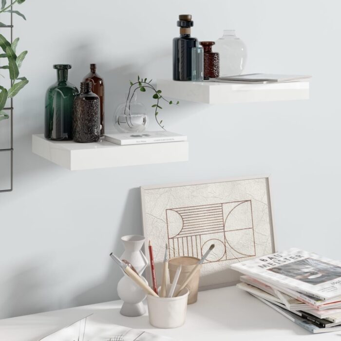Étagère murale flottante 2 pcs Blanc brillant 23x23,5x3,8cm MDF – Image 1