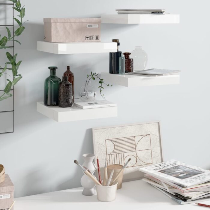 Étagère murale flottante 4 pcs Blanc brillant 23x23,5x3,8cm MDF – Image 1