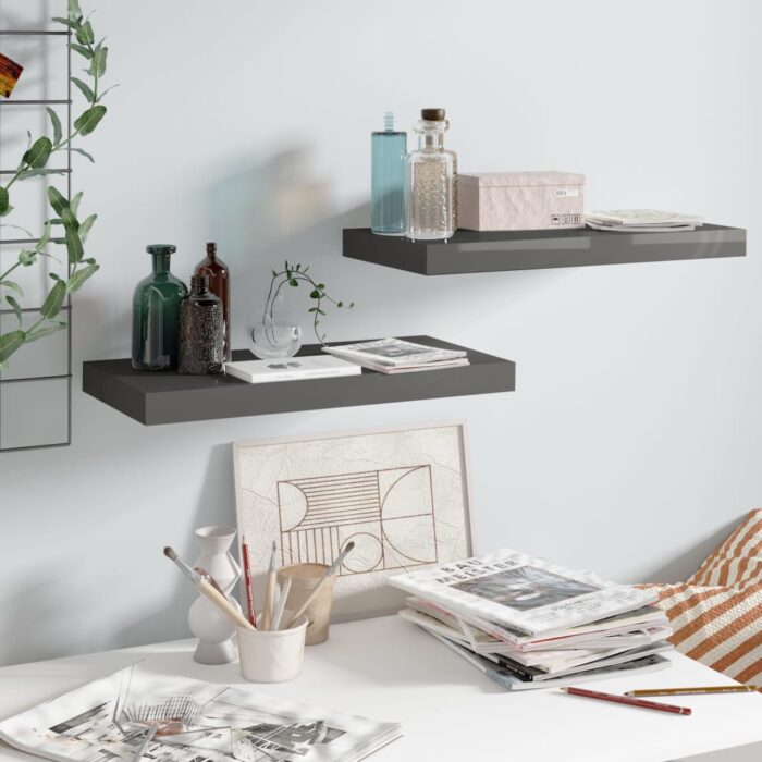 Étagère murale flottante 2 pcs Gris brillant 50x23x3,8 cm MDF – Image 1