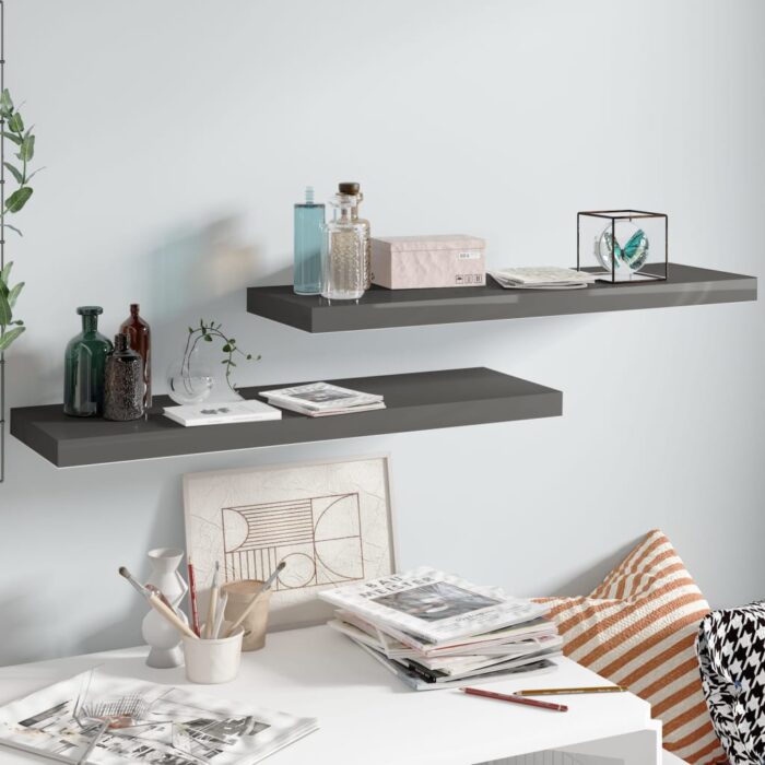Étagère murale flottante 2 pcs Gris brillant 80x23,5x3,8 cm MDF – Image 1