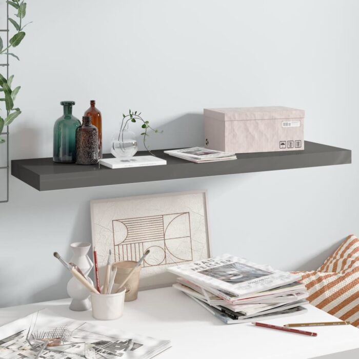 Étagère murale flottante Gris brillant 90x23,5x3,8 cm MDF – Image 1