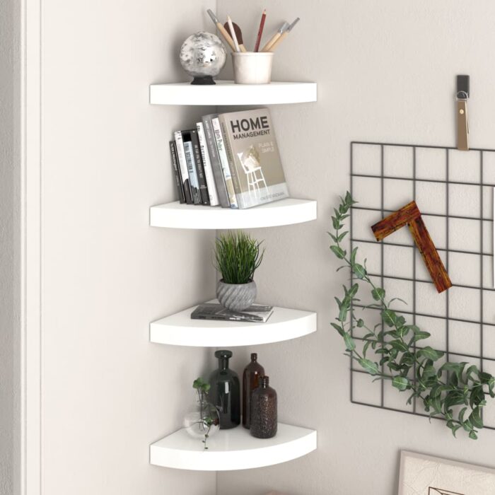 VXL8720286075197_m_en_hd_1.jpg Étagères d'angle flottantes 4pcs blanc brillant 25x25x3,8cm MDF – Image 1