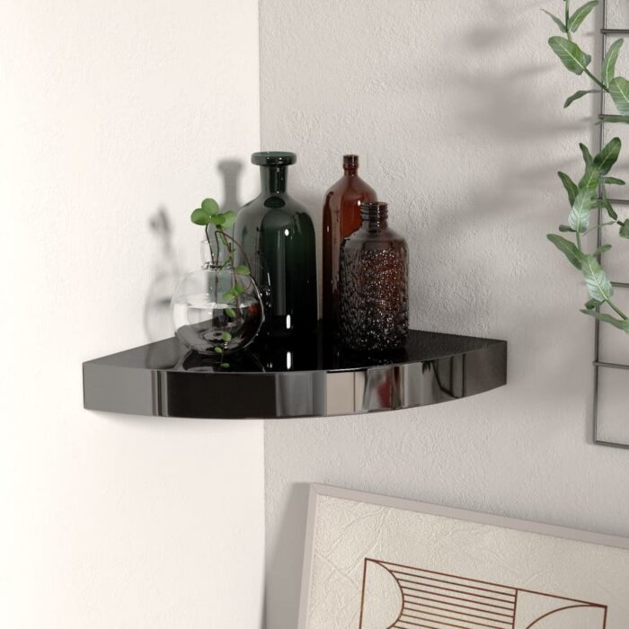 323889 Floating Corner Shelf High Gloss Black 25x25x3,8 cm MDF – Image 1