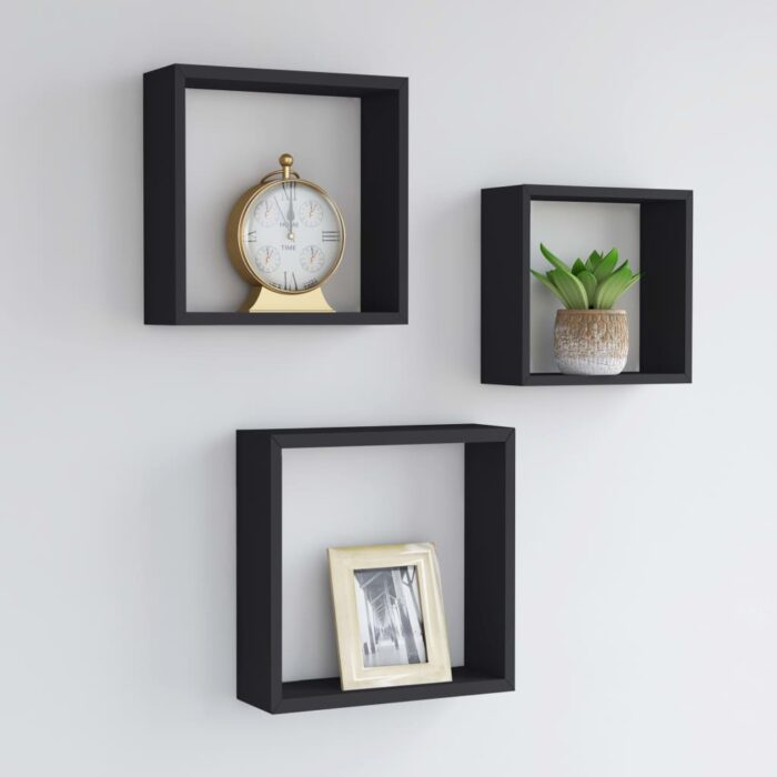 Étagères murales sous forme de cube 3 pcs Noir MDF – Image 1
