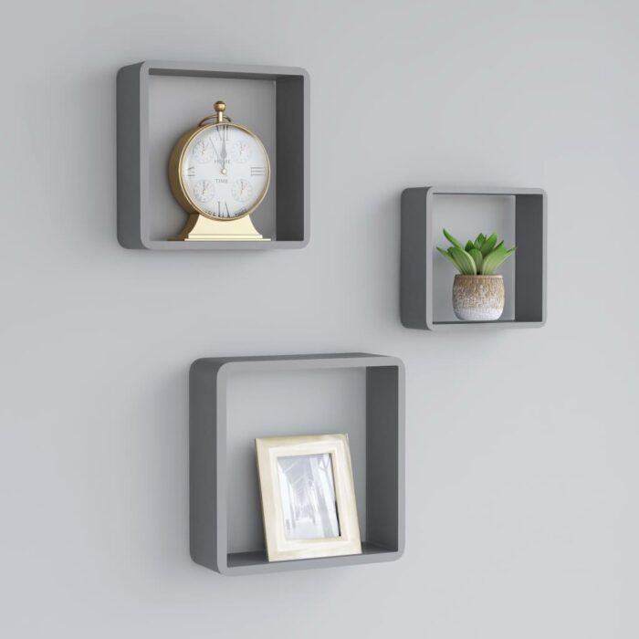 Étagères murales sous forme de cube 3 pcs Gris MDF – Image 1