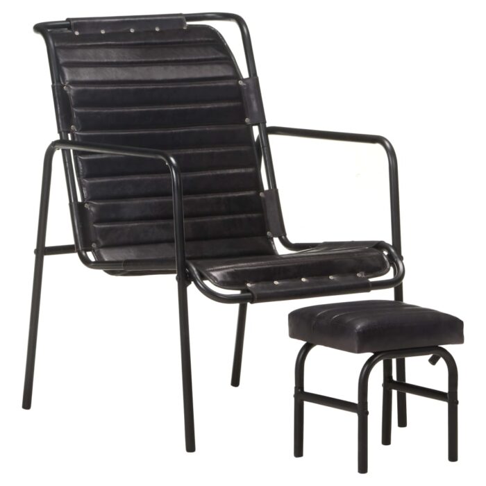 Fauteuil de relaxation avec repose-pied Noir Cuir véritable – Image 1