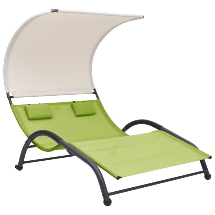 Chaise longue double avec auvent textilène vert – Image 1