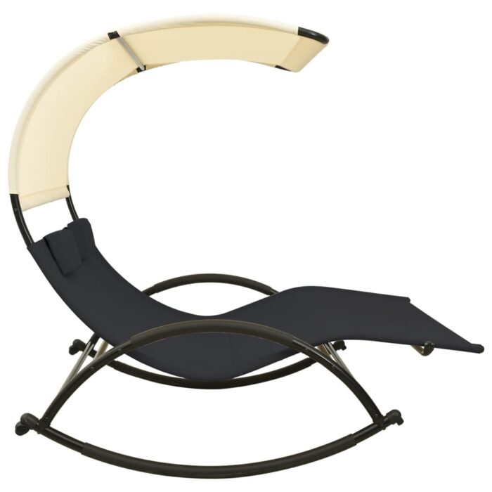 Chaise longue double avec auvent textilène noir et crème – Image 2