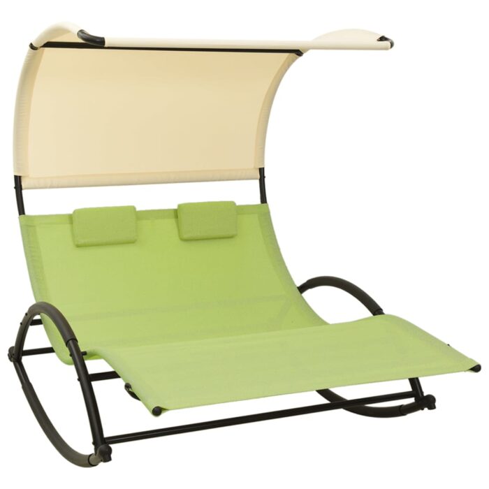 Chaise longue double avec auvent textilène vert et crème – Image 1