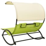 Chaise longue double avec auvent textilène vert et crème – Image 3