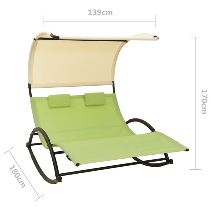 Chaise longue double avec auvent textilène vert et crème – Image 6