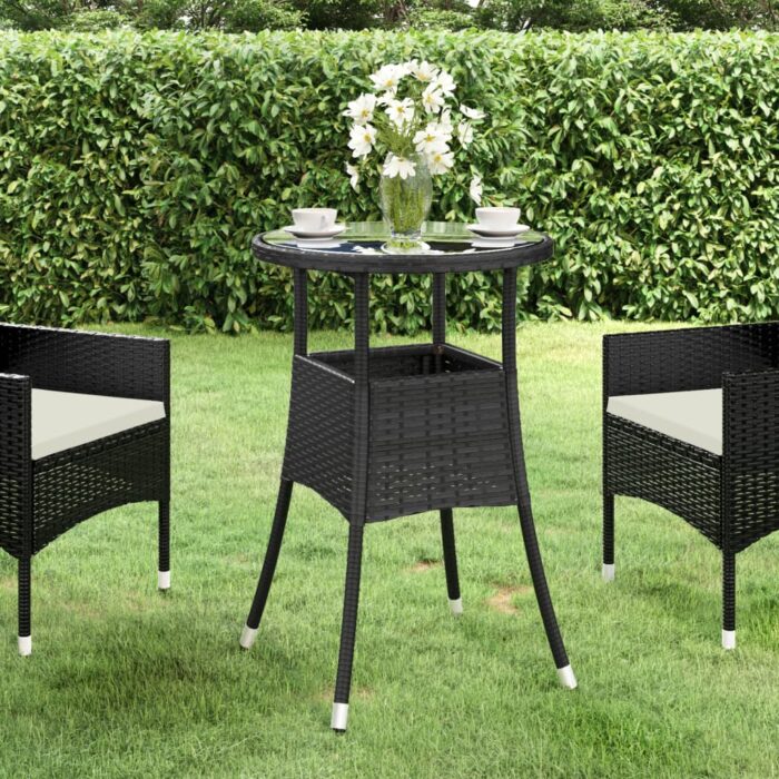Table de jardin Ø60x75 cm Verre trempé/résine tressée Noir – Image 1