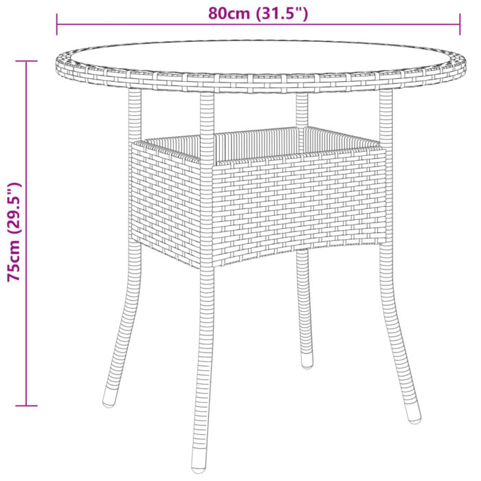 Table de jardin Ø80x75 cm Verre trempé/résine tressée Beige – Image 3