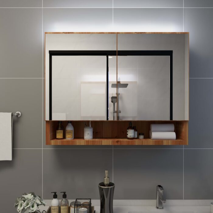 Armoire à miroir de salle de bain LED Chêne 80x15x60 cm MDF – Image 1