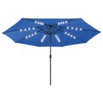 Parasol de jardin avec lumières LED et mât en métal bleu azuré